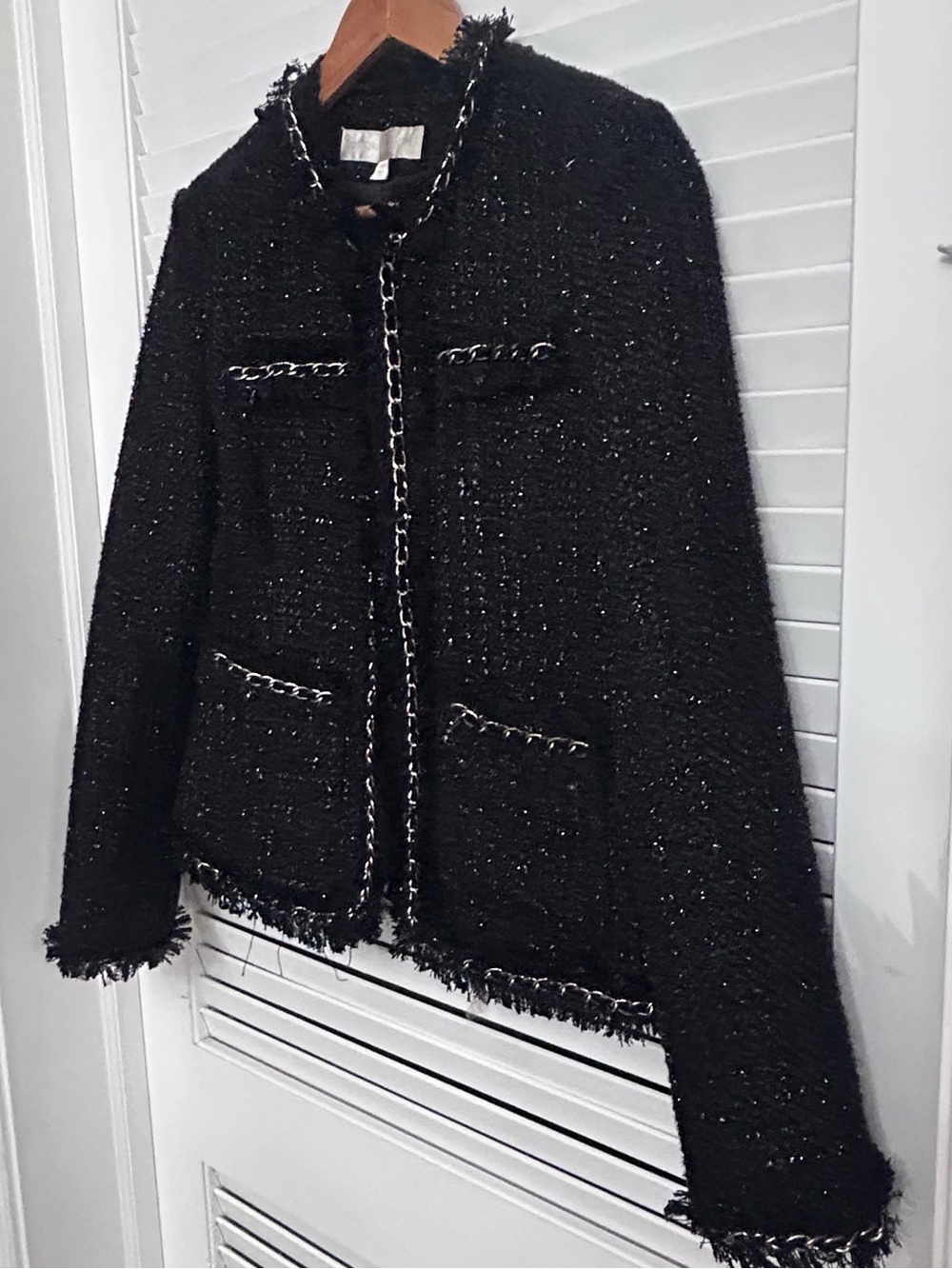 🫖MAKE OFFER Boston Proper Black Tweed Chain Trim Blazer Wool Blend Chanel inspo - Picture 3 of 8